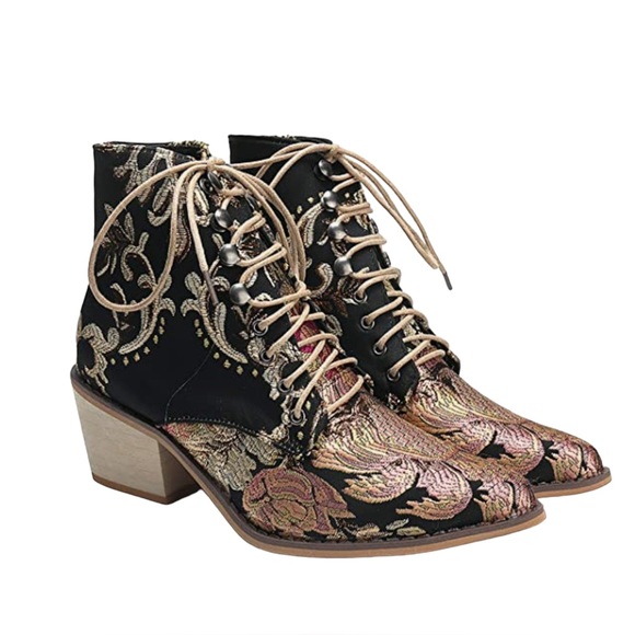 NEW Floral Jacquard Retro Bridgerton Style Booties Black Pink 6.5 CAN 37 NWOT - Picture 7 of 8